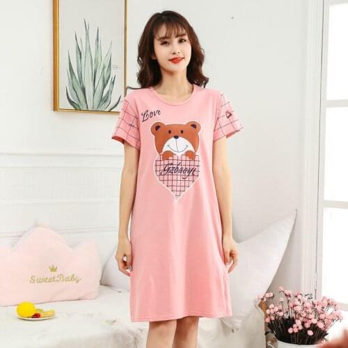 Nightdress For Women Cotton Girls Sleepskirt Cartoon Pajamas Short Sleeve Summer Sleepwear Home Clothing Dress 14 16 18 19Years