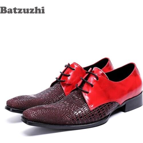 Luxury Italian Style Men Shoes Men Dress Shoes Lace-up Genuine Leather Shoes Male Red Wedding Shoes Oxfords, Big Size EU46