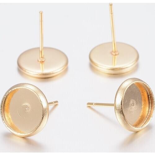 100Pcs 304 Stainless Steel Stud Earring Cabochon Settings Flat Round Golden Color Post Cup For DIY Ear Jewelry Making Findings