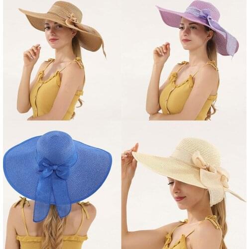 Summer Color Bow Straw Hat Women Big Wide Along The Beach Hat Simple Foldable Sun Hat Sunscreen UV Resistant Sun Cap