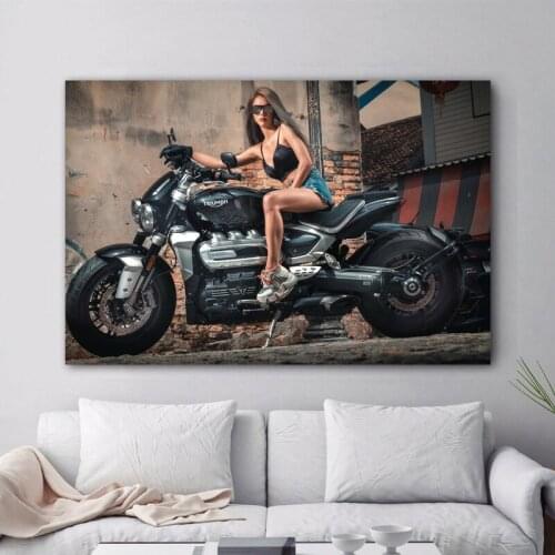 Triumph Motorcycle and Hot Girl Glasses Sitting Shorts Wall Decor Art Posters Canvas Printed Paintings Living Room Decoration