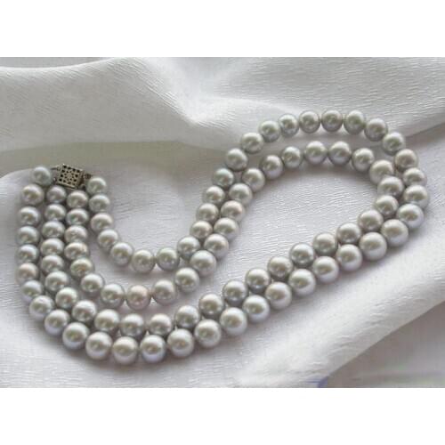 Unique Pearls jewellery Store AA++ 2row 10mm Gray Round Freshwater Cultured Pearl Necklace Charming Women Gift Jewelry
