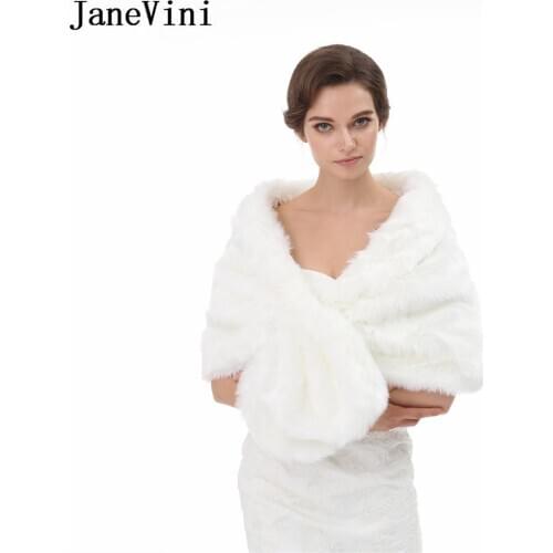JaneVini White Cloak Fur Bridal Wraps Fourrure Mariage Faux Fur Shawls Women Wedding Capes Warm Navy Blue Black Boleros Jackets