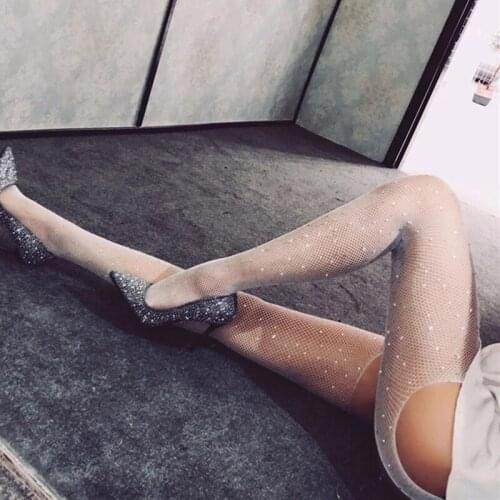 Women Rhinestone Fishnet Mesh Pantyhose Stockings Hollow Shiny Tights Party Club wear XIN-Shipping