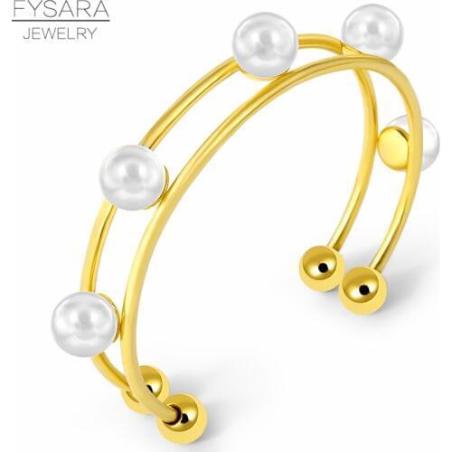 FYSARA Unique Party Jewelry Simulated Pearl Bangle Stainless Steel Bracelet For Women Cuff Charm Bracelets Wedding Gift