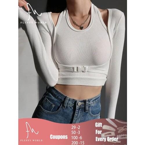 Women 2 Pieces Set T-shirt Spring Autumn Clothes Ribbed Knitted Long Sleeve Crop Tops Halter Solid Elastic Slim Design Tees