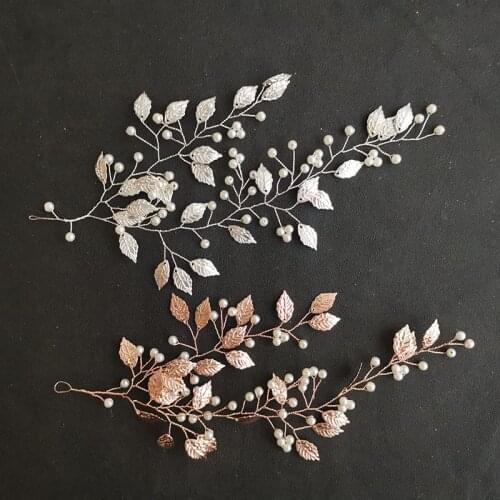 SLBRIDAL Handmade 3 Colors Alloy Flower Leaf Pearls Bridal Headband Hair Vine Wedding Hair accessories Women Girls Hair Jewelry