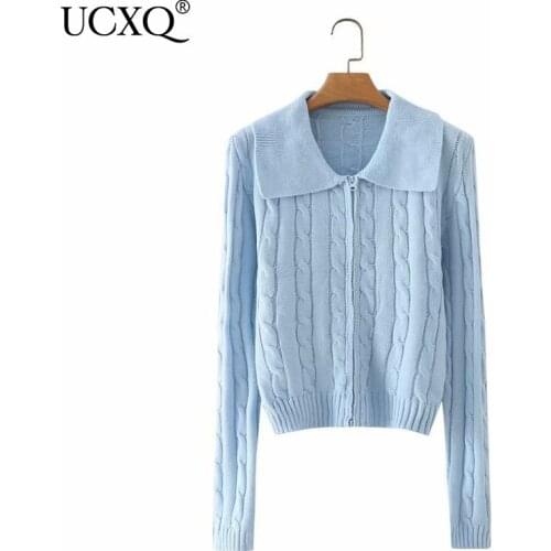 UCXQ Woman Sweater Blue Solid Hemp Pattern Long Sleeve Lapel Collar Zipper Loose Kniited Casual Style 2021 Autumn Fashion23XF614