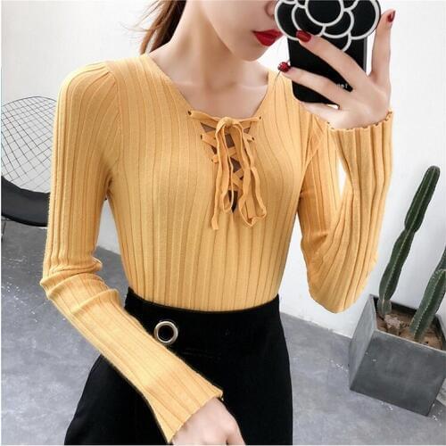 2018 NEW Sexy V Neck Knitting Pullover Fashion lace up Fall Winter sweater women tops Casual hollow out jumper pull femme