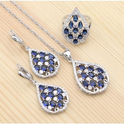 925 Silver Jewelry Sets for Women Blue Sapphire White Crystal Earring/Pendant/Necklace/Ring Water Drop Jewelry