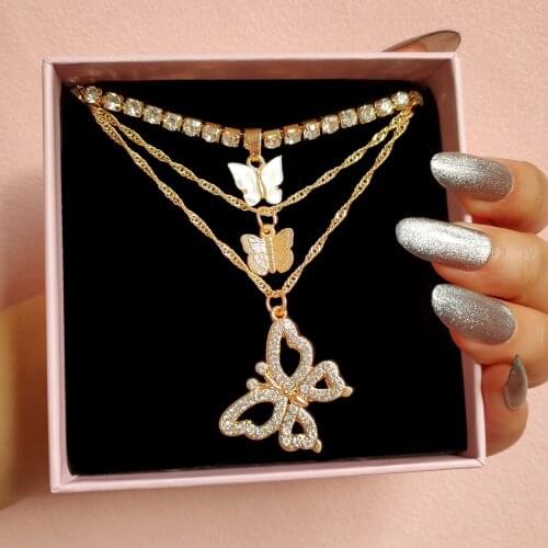 Golden Shiny Crystal Butterfly Pendants Tennis Chain Necklace For Women Cute Butterfly Twist Chain Choker 2021 BOHO Jewelry Gift