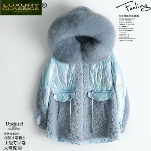 Female Coat Real Fur Winter Natural Fox Fur Hooded Duck Down Jacket Women Sheep Shearing Jackets Warm Fur Tops Hiver 2529