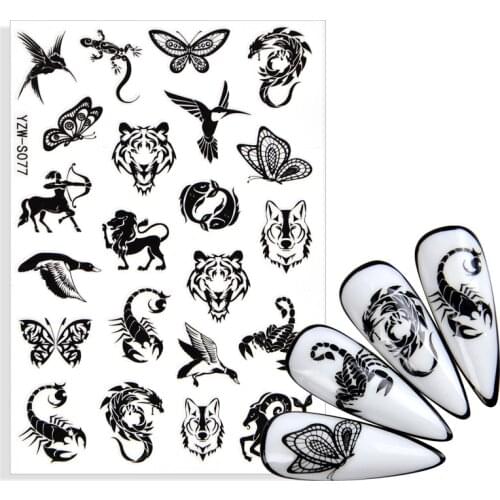 3D Black Butterfly Tiger Scorpion Nail Art Stickers Animal Insect Back Adhesive Decals for Manicures Nail Art Slider Decor Gift