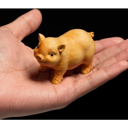 7CM Boxwood Lucky Pig Statue Crafts Feng Shui Cute Zodiac Pig Sculpture Small Animal Ornaments Gift Home Decor