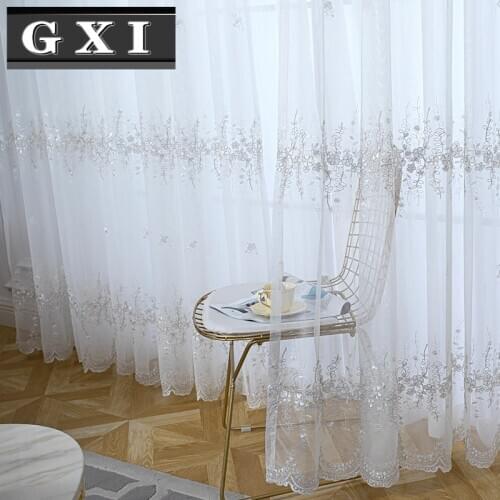 GXI White Korean Embroidered Tulle Curtains for Living Room Blue Sheer Curtains Bedroom Window Drapes