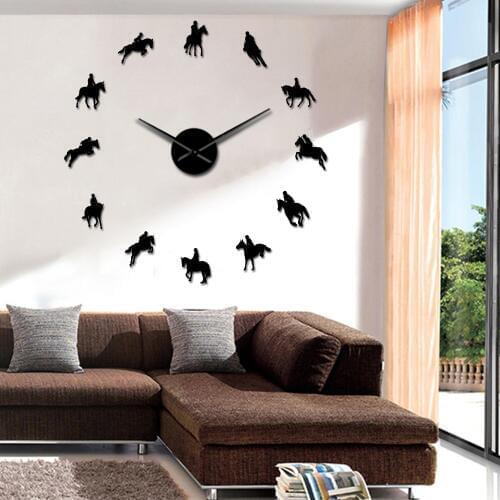 Frameless Equestrian 3D DIY Wall Clock Modern Sports Horse Race Acrylic Mirror Surface Clock Watch Horse Riding Creative Show
