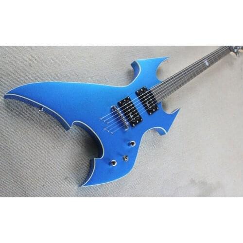 Free shipping 6 string guitar,irregular metal blue guitar,basswood body ,strings through body,HH pickups,cream binding
