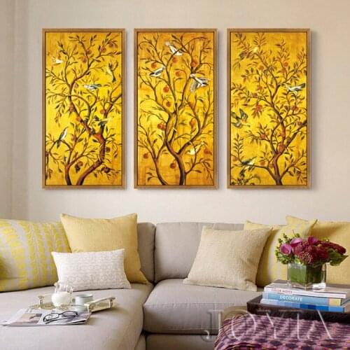 LARGE Classical Painting Golden Fruit Trees Birds Wall Art Canvas Pictures Vintage Home Living Room Decor Chinese Style Arts