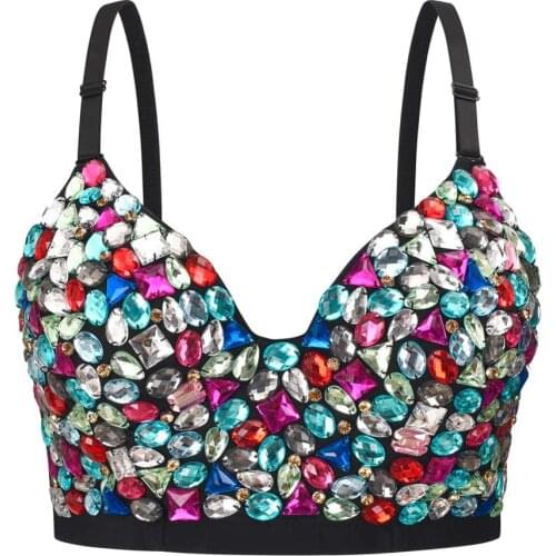 Multicolored Diamonds Rave Rock Push Up Bra Deep V Bralette Crop Top Sexy Clubwear Belly Dance Brassiere Punk Bras For Women