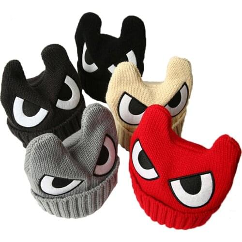 New arrival Spring autumn winter children knitted skullies wool cap eyes baby warm hat horn boy girl beanies wholesale GH008