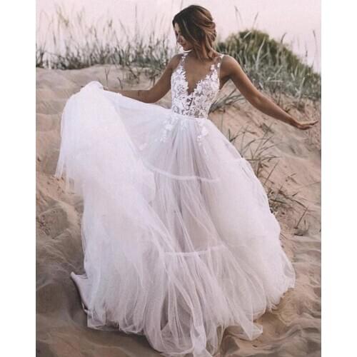 Long Tulle Appliques Wedding Dresses for Bride 2021 A Line Sleeveless Double V Neck Bridal Gowns vestido de noiva
