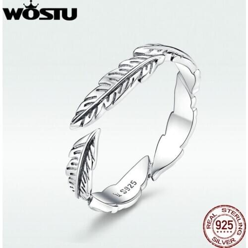 WOSTU Classic Feather Adjustable Finger Rings Genuine 100% Real 925 Sterling Silver Rings For Women Party Engagement BKR517