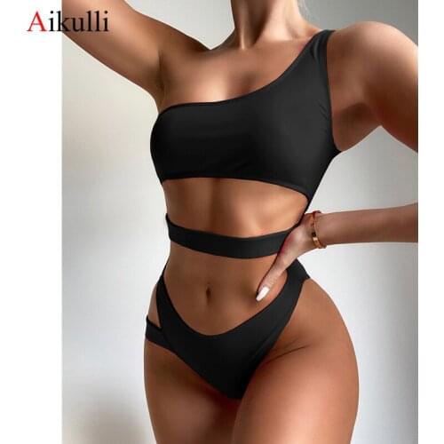 2021 Sexy One Shoulder One-Piece Swimsuit Women Irregular Swimwear Solid Color 2021 Summer New Beach wear Swimming Bathing Suit