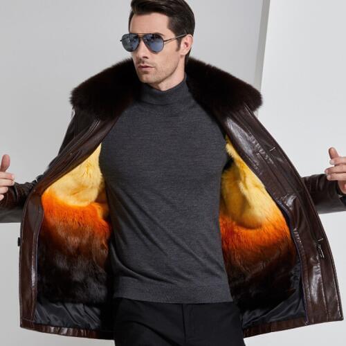Fox Fur Collar men Faux Leather Jackets Winter rabbit fur inner Coat jaqueta de couro chaqueta PU Leather jacket men