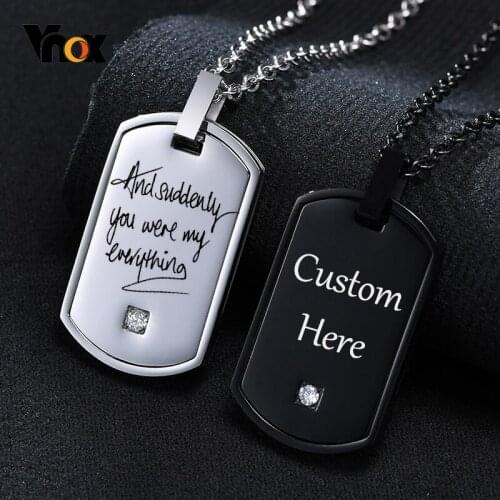 Vnox Customize Quotes Name Necklaces for Men, Stainless Steel Dog Tag with AAA CZ Stone Insert Pendant, Casual Punk Rock Jewelry