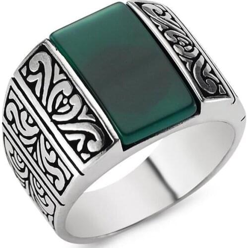 Solid 925 Sterling Silver Custom Cut Green Agate Stone Turkish Mens Ring