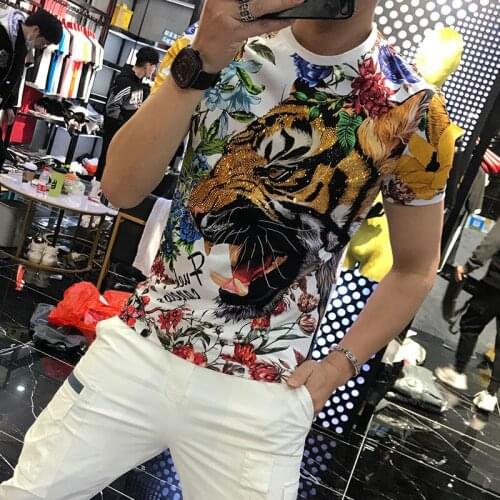 2021 New England Style Fancy T shirt Man Tiger Diamond Short Sleeve Men Leisure Slim Printing Summer T-shirt Large size