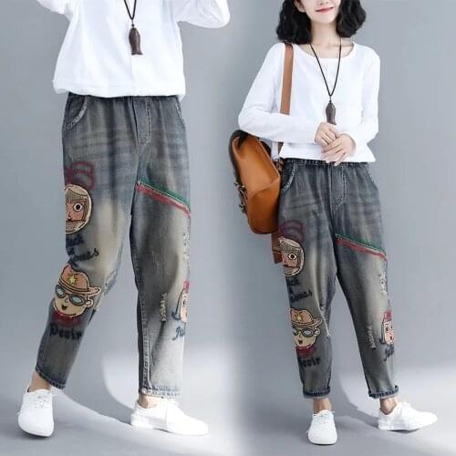 2021 Spring And Autumn New Cowboy Pants Elastic Waist Harem Lants Loose Large Size Womens Pants Appliqué Embroidered Jeans L427