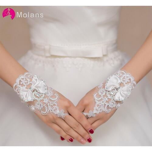 Molans White or Ivory Wedding Short Gloves Fingerless Bridal Gloves for Women Lvory Lace Bow knot Gloves Wedding Accessories