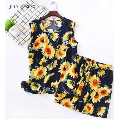 JULYS SONG Viscose Pajamas Set 2 Pieces Women Floral Printing Sleevess Shorts Summer Cool Sleepwear Nightwear Casual Homewear