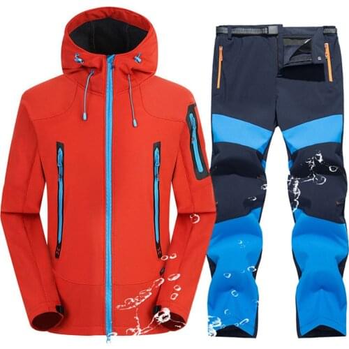 Hiking Suit Men Waterproof Warm Softshell Jacket And Pants Outdoor Trekking Camping Hooded Fleece Jacket Windproof Ski Trousers