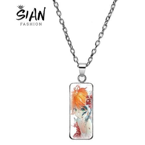 Anime The Promised Neverland Rectangular Necklace Handmade Glass Cabochon Zinc Alloy Trendy Necklace Unisex Jewelry Gifts
