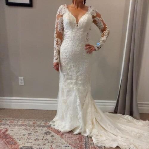 Long Sleeve Wedding Dress Mermaid Lace with Chapel Train V Neck Plus Size Wedding Gowns for Bridal 2021 Open Back White
