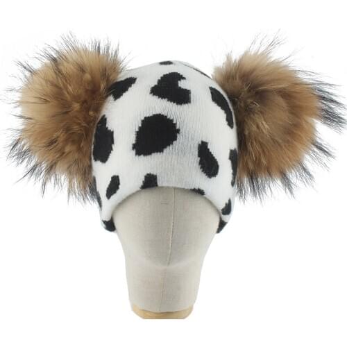 Cartoon Cow Print Skullies Beanies Mother Kids Winter Real Fur Pompom Hat For Baby Girls Boys Double Poms Warm Knitted Cap