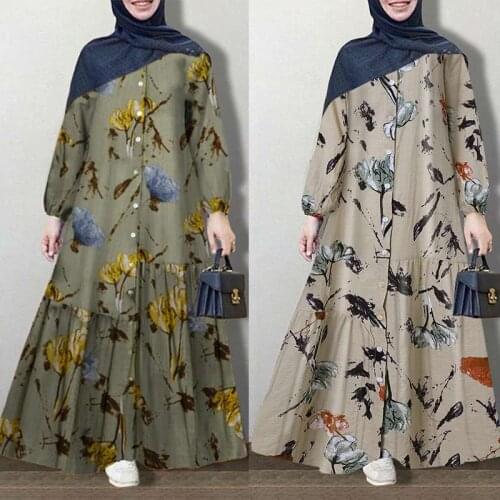 Vintage Muslim Printed Dress Womens Spring Sundress ZANZEA 2021 Casual Long Sleeve Floral Abaya Maxi Vestidos Robe