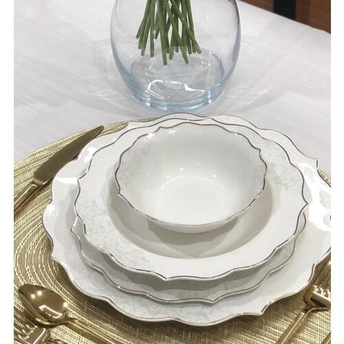 High Quality White Gold Bone China Porcelain Luxury Dinnerware 24 piece Set for 6 Person - Dining Set 6 Platter - 6 Cake plate