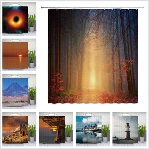 Natural Scenery Shower Curtains Ocean Lighthouse Mountain Landscape Flower Plant Bird Bathroom Decor Polyester Cloth Curtain Set