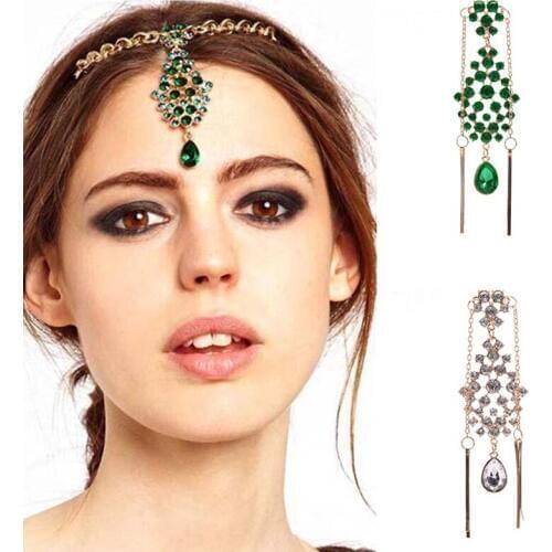 FORSEVEN Indian Head Jewelry Green/White Color Crystal Drop Forehead Hairpin Headpieces Headbands for Women Girl Bride Noiva