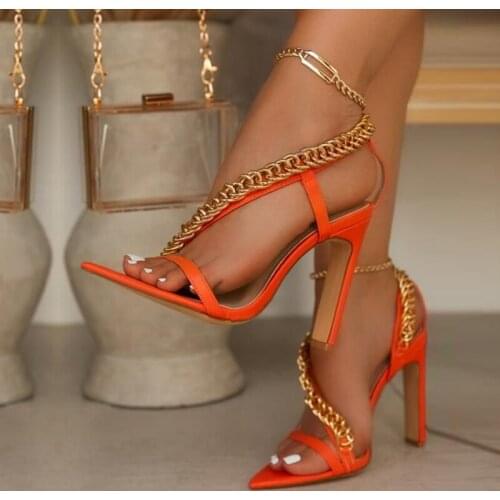 New Brand Fashion Summer Party Dress Shoes Women Pointed Toe Square High Heels Metal Chain Designer Sandals Femme Size 35-42