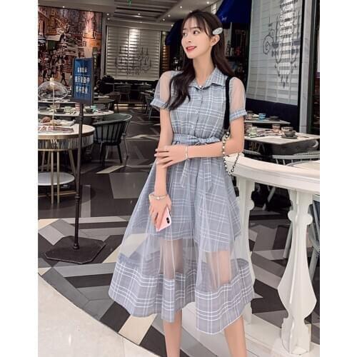 Vintage single-breastedr Short Sleeve Summer Grid Mesh patchwork Midi Long Dress Women High Waist Hollow out Elegant Runway Dres