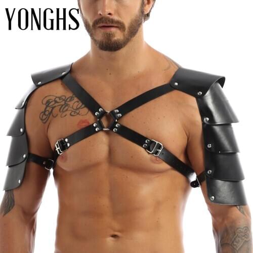 Harness Men Lingerie Faux Leather Adjustable Body Chest Harness Bondage Costume with Shoulder Armors Buckles Rivets Detailing