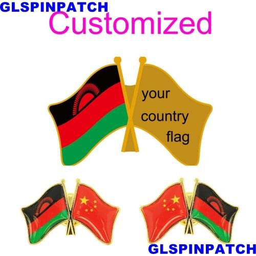 Malawi Crossed Friendship Flag Double Country lapel pin Brooch USA UK France Chile Russia Saudi Arabia Japan Spain Badge