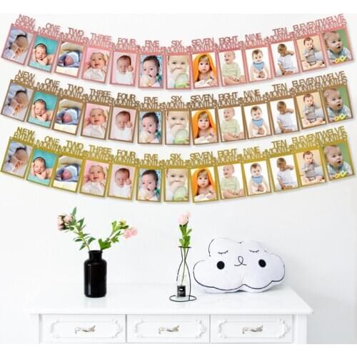 13Pcs Photo Tag Photo Frame Pull Flag Garland Newborn Baby Growth Track Baby Picture Frame Birthday Party Banner Decoration