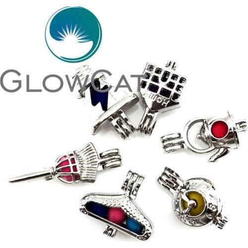 6x Home Theme Clock Broom Teapot Hanger Lightning Jewelry Making Pearl Cage Essential Oil Diffuser Locket Pendant 22144