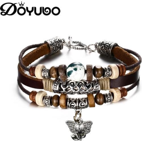 DOYUBO Vintage Three Strings Cowhide Leather Charms Bracelets For Men&Women High Quality Elephant Pendant Leather Bangles DD035