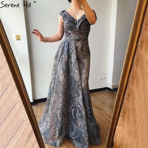 Dubai Grey A-Line Sleeveless Sexy Evening Dresses Long 2020 V-Neck Crystal Luxury Evening Gowns 2020 Serene Hill BLA70557